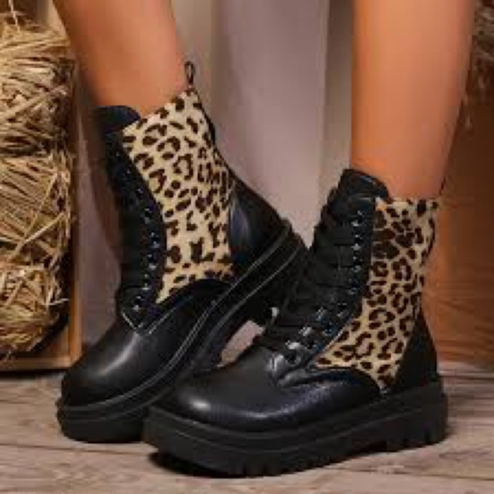 Leopard Panel Combat Boots for Women - Black/Cream